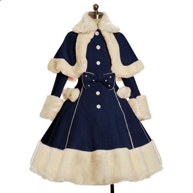 Anbenser Winter Vintage Lolita Dress Suit Women Fur Collar Long Sleeves Shawl Cute Single breasted Warm Thick Gothic Bow Dresses|Lolita Dresses| - AliExpress